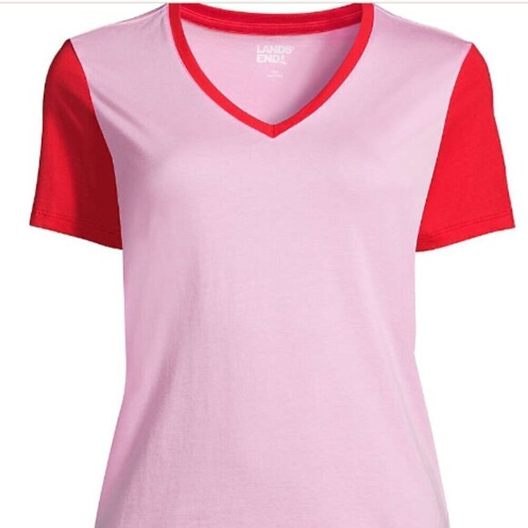 Lands End NWOT Women's Pink Wild Blossom Relaxed Supima Cotton V Neck Shirt Med - Picture 2 of 7